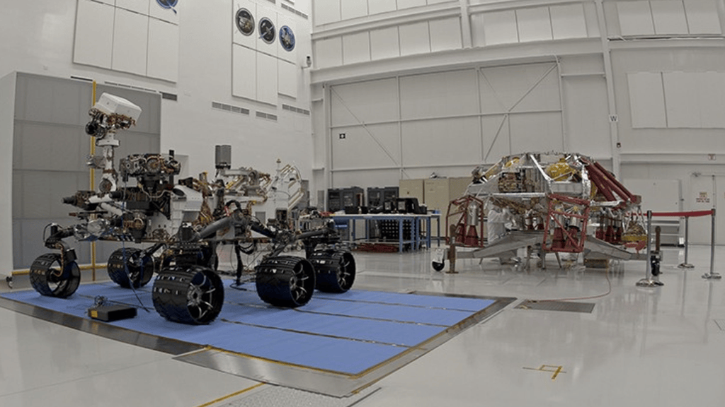 View of NASA’s Curiosity Rover and its Powered Descent Vehicle.