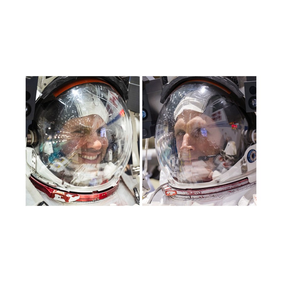 From left, Astronauts Anil Menon of NASA and Josha Kutryk of CSA (Canadian Space Agency) conduct spacewalk training at Johnson Space Center's Neutral Buoyancy Laboratory in Houston, Texas.