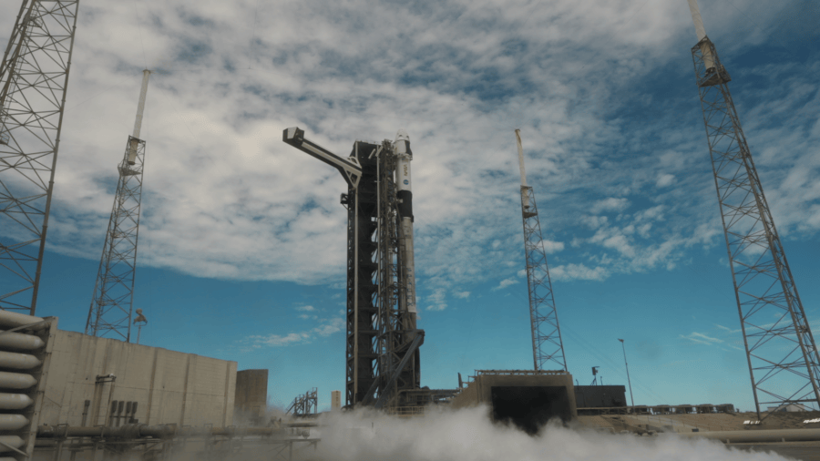 A SpaceX Falcon 9 rocket with a Dragon spacecraft atop carrying NASA astronauts Jessica Watkins and Luke Delaney, CSA (Canadian Space Agency) astronaut Joshua Kutryk, and Roscosmos cosmonaut Sergey Teteryatnikov stands vertical at Space Launch Complex 40 at Cape Canaveral Space Force Station in Florida ahead of launch on Thursday, Oct. 1, 2026.