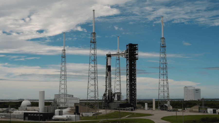 A SpaceX Falcon 9 rocket with a Dragon spacecraft atop carrying NASA astronauts Jessica Watkins and Luke Delaney, CSA (Canadian Space Agency) astronaut Joshua Kutryk, and Roscosmos cosmonaut Sergey Teteryatnikov stands vertical at Space Launch Complex 40 at Cape Canaveral Space Force Station in Florida ahead of launch on Thursday, Oct. 1, 2026.