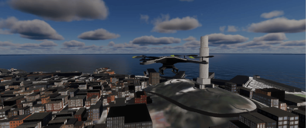 A screenshot of a simulation platform showing photorealistic visualization of unmanned aircraft system (UAS).