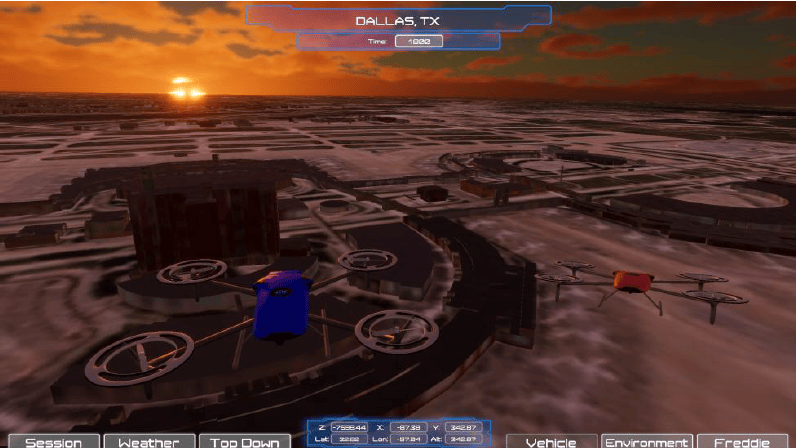 A screenshot of a simulation platform showing photorealistic visualization of unmanned aircraft system (UAS) flying over Dallas, TX.