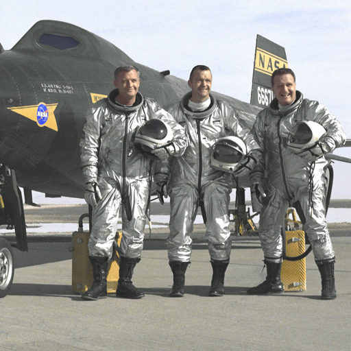 NASA pilots Milton O. Thompson, William H. “Bill” Dana, and John B. “Jack” McKay in front of an X-15