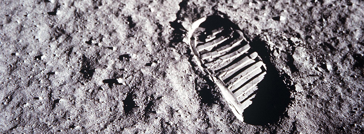 A close-up view of astronaut Buzz Aldrin's bootprint in the lunar soil.