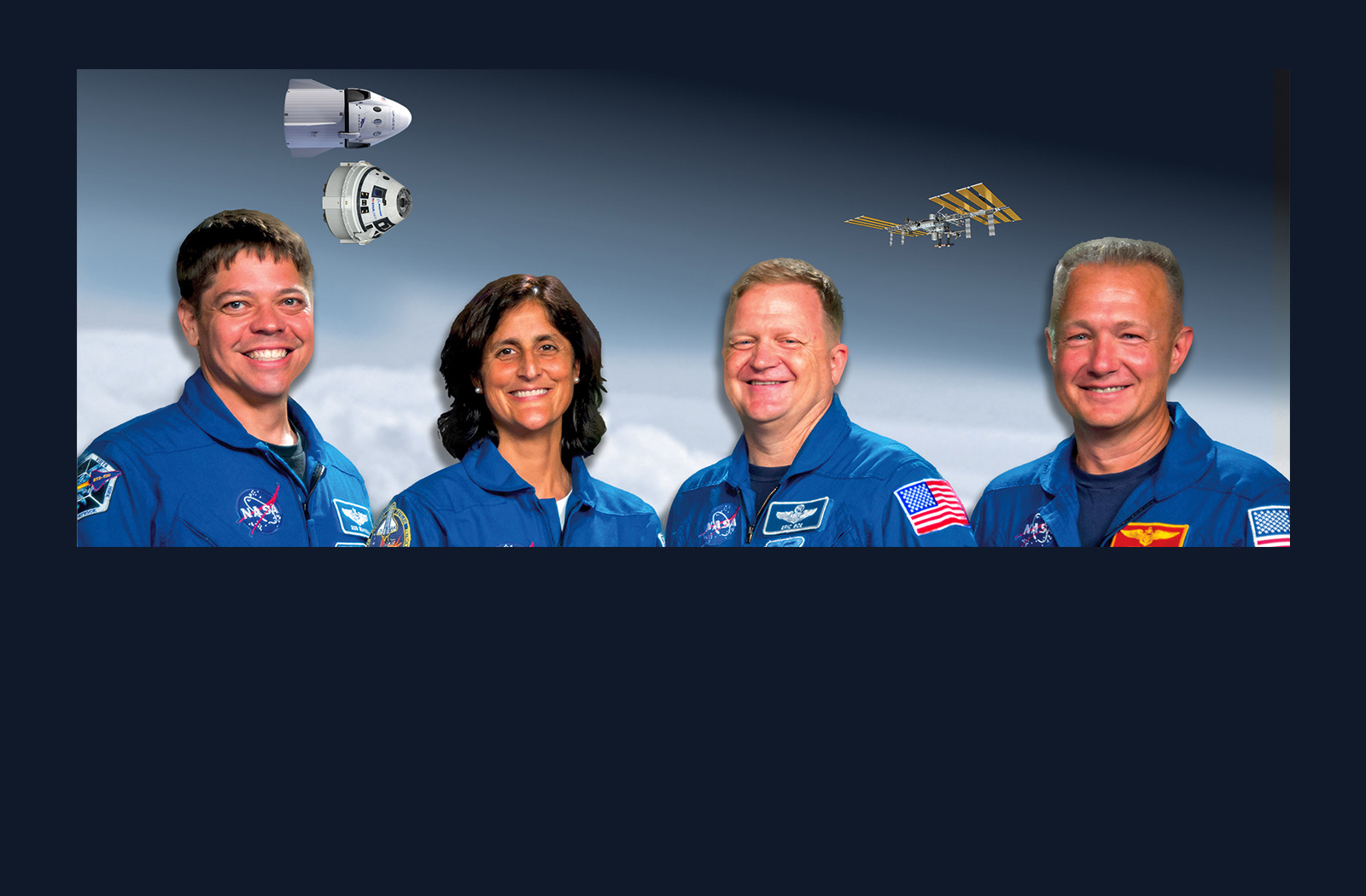 Four cadre astronauts with the two spacecraft & space station 