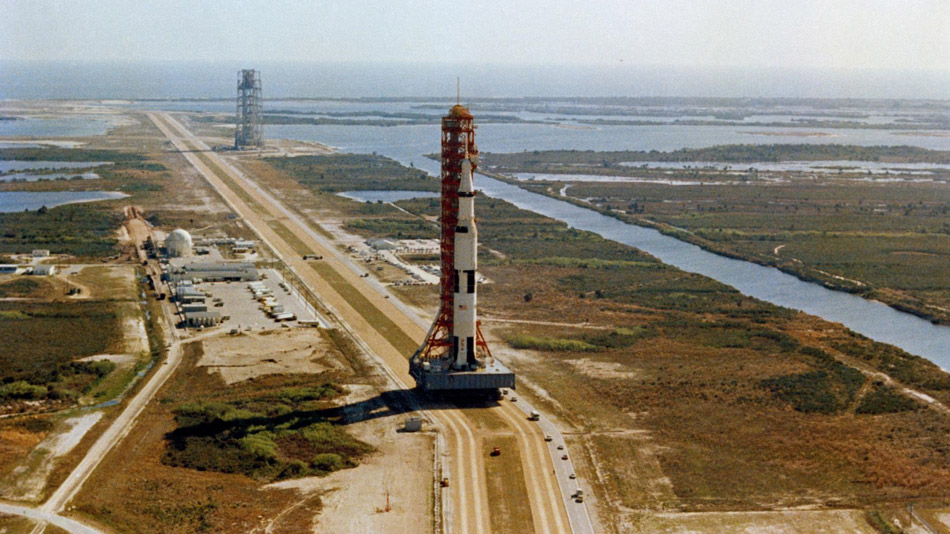 Aerial view of Launch Complex 39 showing Apollo 10 on way to Pad B