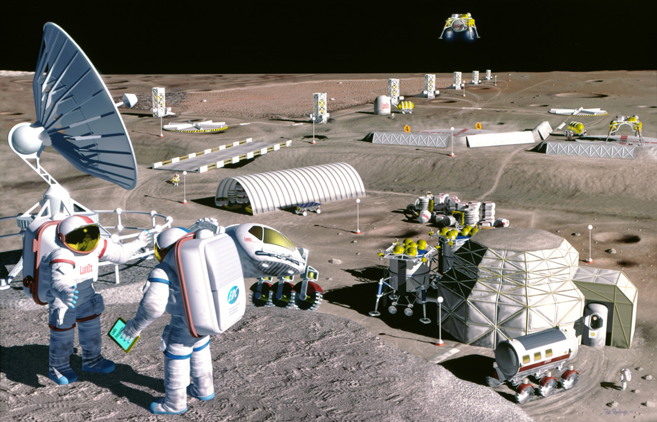 1995 artist’s concept, a lunar mining operation harvests oxygen from the lunar soil.