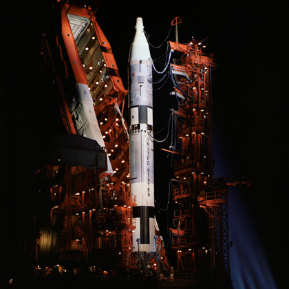 A Gemini-Titan spacecraft sits on the launch pad in 1964