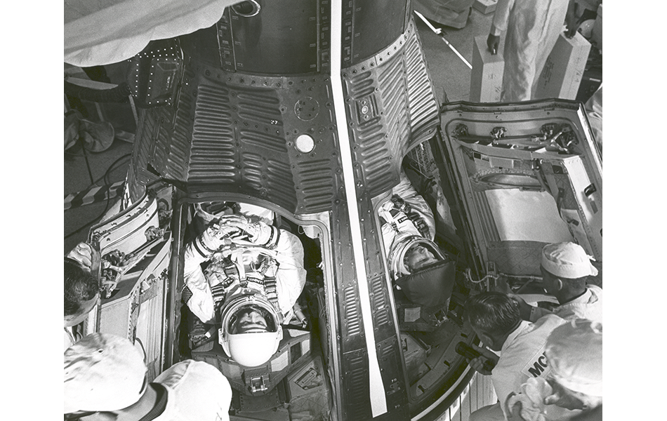 Astronauts James McDivitt and Ed White inside the Gemini spacecraft for a simulated launch at Cape Canaveral, Florida