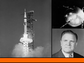 Collage of Saturn 1B Launch; Sputnik; NASA Leadership Triumvirate; James E. Webb; and Centaur Rocket