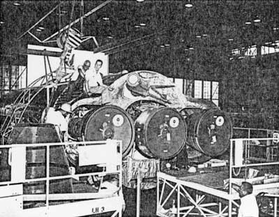 Atlas 130-D on its side for inspection