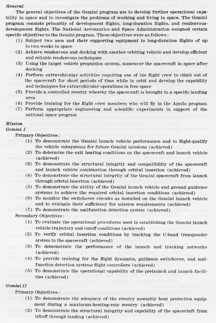 general outline of performance objectives for Gemini Missions organized by flight numbers