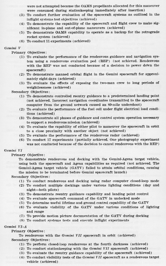 continuation of the general outline of performance objectives for Gemini Missions organized by flight numbers