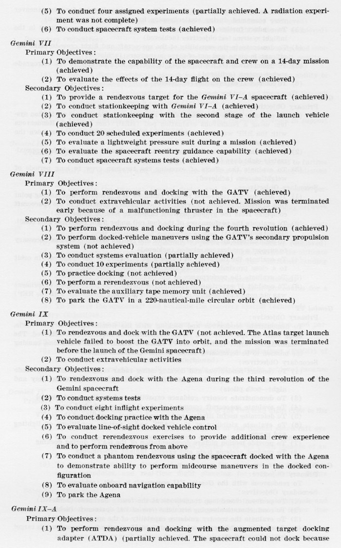 continuation of the general outline of performance objectives for Gemini Missions organized by flight numbers