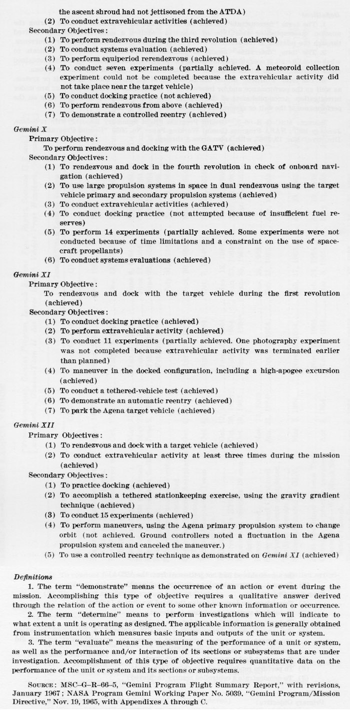 continuation of the general outline of performance objectives for Gemini Missions organized by flight numbers