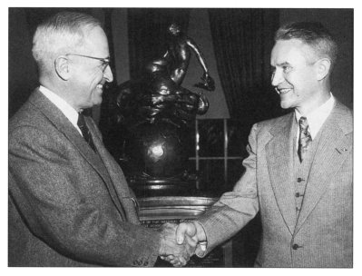 Lew Rodert accepting the Collier Trophy from President Harry S Truman