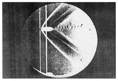 Photograph of a bullet in supersonic flight, published by Ernst Mach in 1887