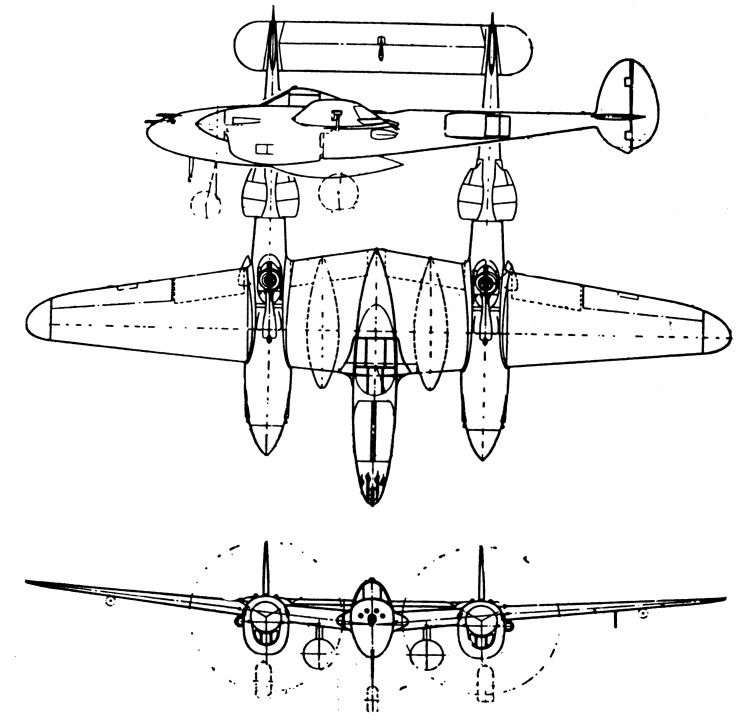 Drawing: side, top and front views of Lockheed P-38