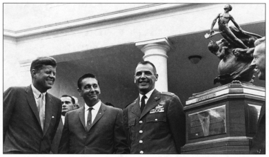 Photo of President John F. Kennedy presenting Collier Trophy to X-15 pilot Major Robert M. White