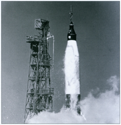 Photo of Friendship Seven launch at the first moments of Main Engine Start.