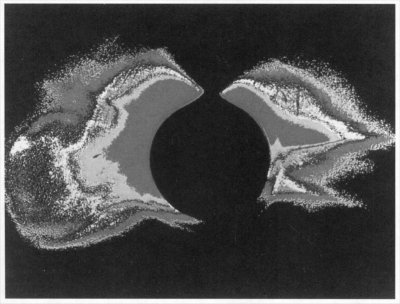 Photo of the sun's Corona. The black dot in the center hides the bright part of the sun allowing photos of the solar flares.