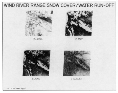 Four photos decreasing in whiteness of the same area taken April, May, June and August show snow melt in the Rocky Mountains.