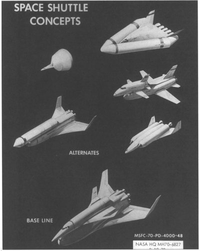 Drawing of early shuttle concepts including: capsule, lifting body, winged  first-stage with winged or rocket second-stage, and winged with external-tank designs.
