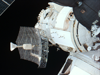 Survey view of the Mir space station taken by the crew of STS-79 