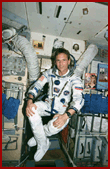 Linenger in his Sokol suit floating in Mir Base Block