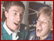  Krikalev and Davis try to catch and eat pieces of candy floating in front of them on the Discovery's middeck 