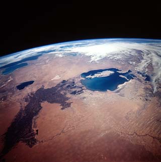 The old shoreline is still visible in this remnant view of the Aral Sea, Kazakhstan. 