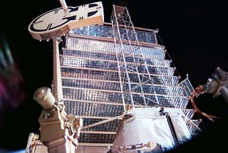 Detailed survey views of the Mir Space Station exterior.