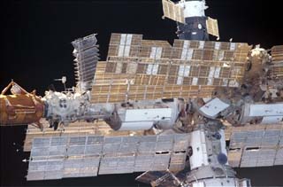 View of Mir Space Station taken during rendezvous and approach operations.