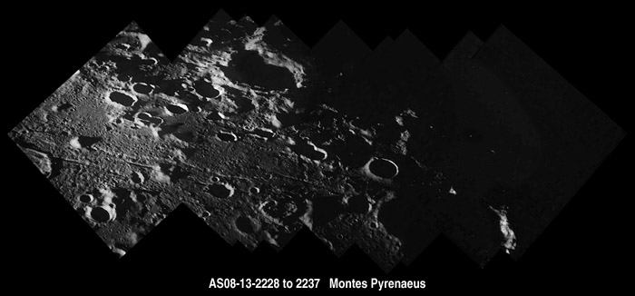 Montes Pyrenaeus and Crater Capella, composited from AS08-13-2228 to AS08-13-2237