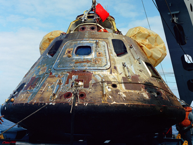 Columbia aboard the recovery ship Hornet