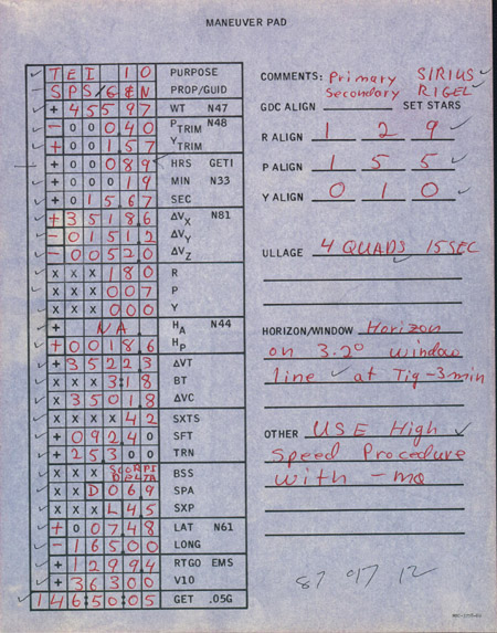 Apollo TEI PAD as generated by Chuck Deiterich for Apollo 8.