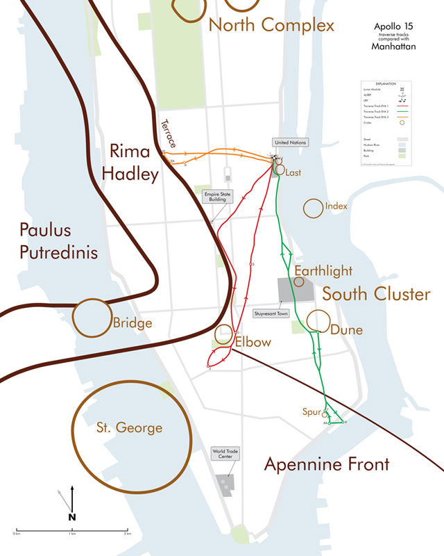 Apollo 15 traverse map superimposed on Manhattan map