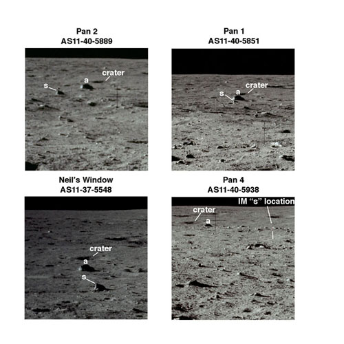 Four
              views of boulders a and s from near the LM