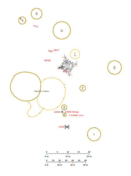 Location and sizes
                    of well-defined craters near the LM