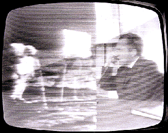 Split television screen showing President Nixon  speaking to Apollo 11 astronauts