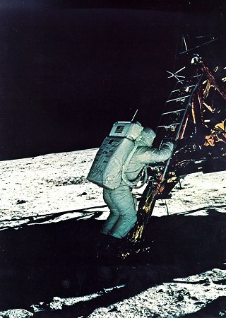 Photo of Aldrin decending LM ladder