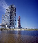 Apollo 11 trundles past the parked Mobile Service Structure