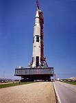 Ground-level view of the 363-ft. tall Apollo 11 Saturn V