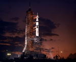 U.S. Apollo spacecraft and Saturn IB on the launch pad.