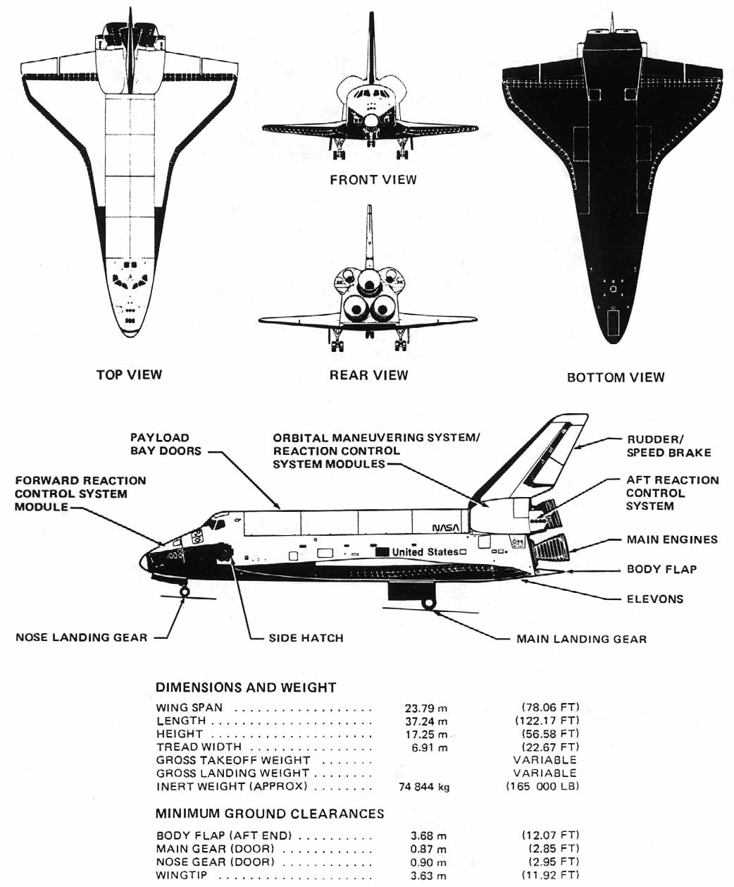 side, foward and topside drawing of Shuttle spacecraft with specification data