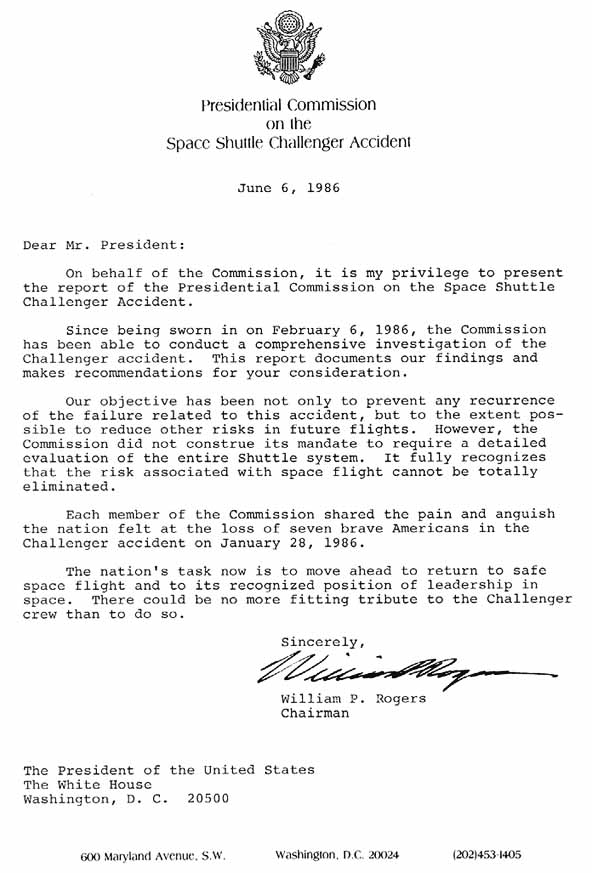 letter from William Rogers, Chairman of the commission, to Ronald Reagan, president of the United States, presenting the report investigating the Challenger accident.