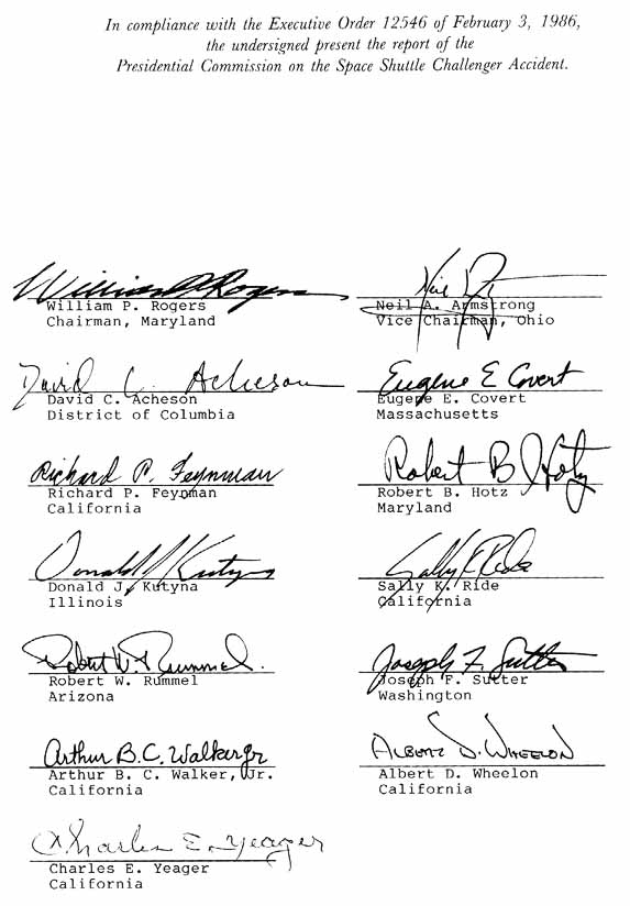 Signatures of the members of the presidential commission on the Challenger accident.