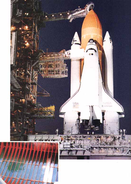 Above, Shuttle 51-L on Kennedy Space Center Pad 39B in the early morning of launch day. Temperatures were well below freezing, as indicated by the lower left photo, which shows thick ice in a water trough despite the use of an anti-freeze solution.