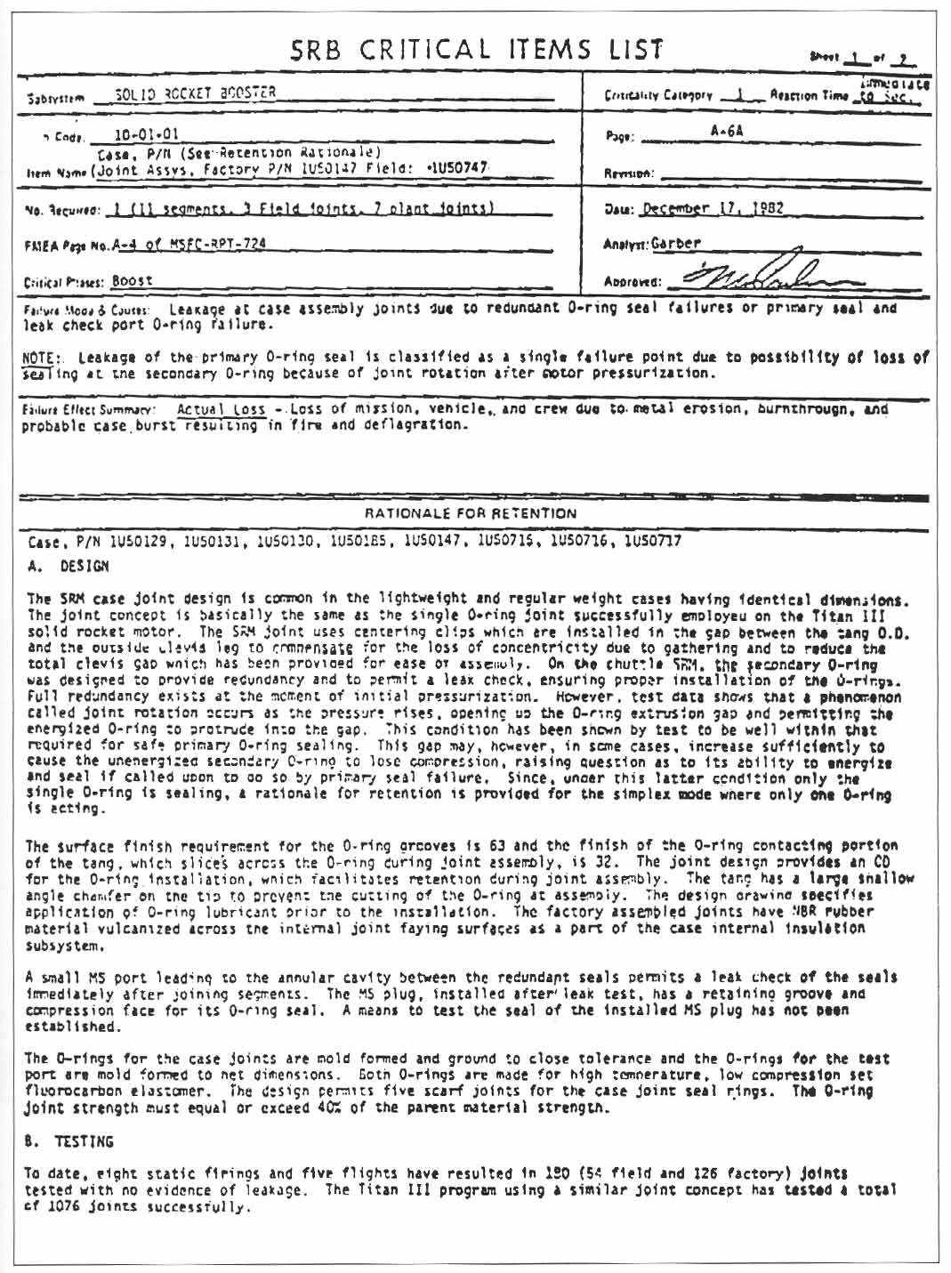 SRB Critical Items List; Dated: December 17, 1982. Failure mode & causes: Leakage at case assembly joints due to redundant O-ring seal failures or primary seal and leak check port O-ring failure- part 1