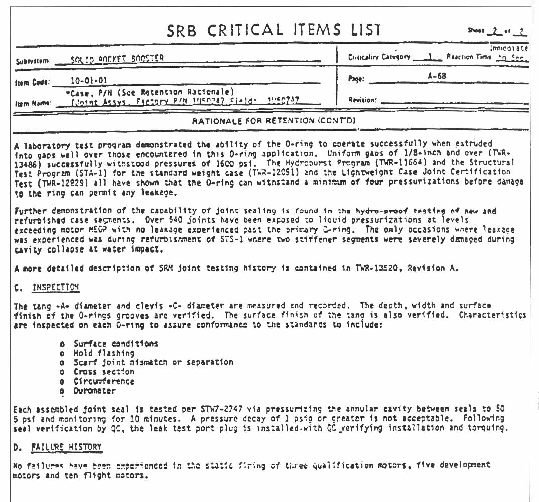 SRB Critical Items List; Dated: December 17, 1982. Failure mode & causes: Leakage at case assembly joints due to redundant O-ring seal failures or primary seal and leak check port O-ring failure - part 2